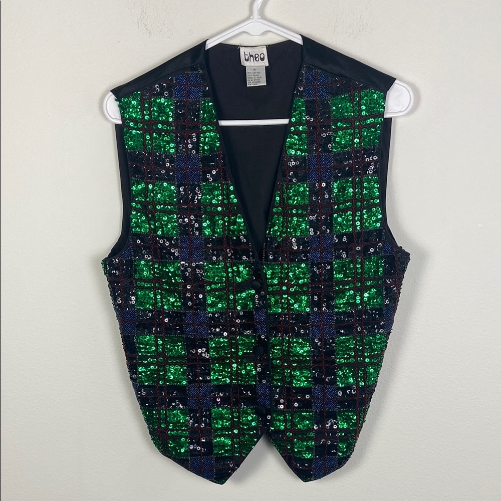 Vintage Theo Women's M Plaid Sequin Beaded Vest Holiday Party Retro Christmas